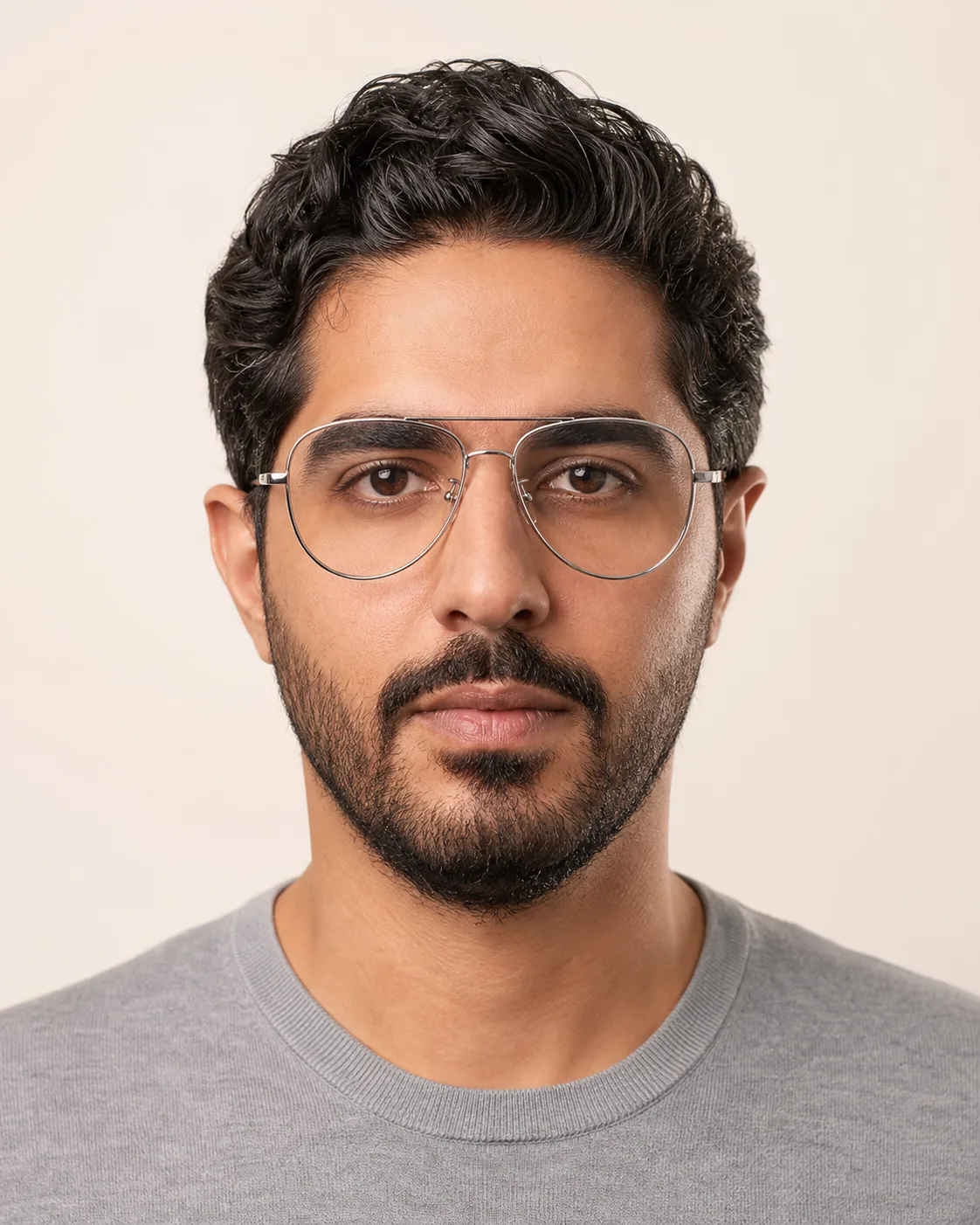 Model wearing aviator glasses, front view
