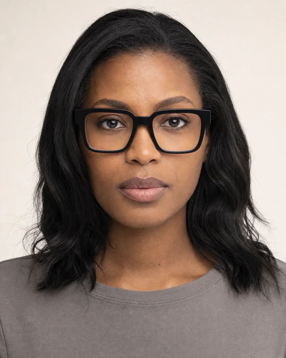 Model wearing square glasses, front view
